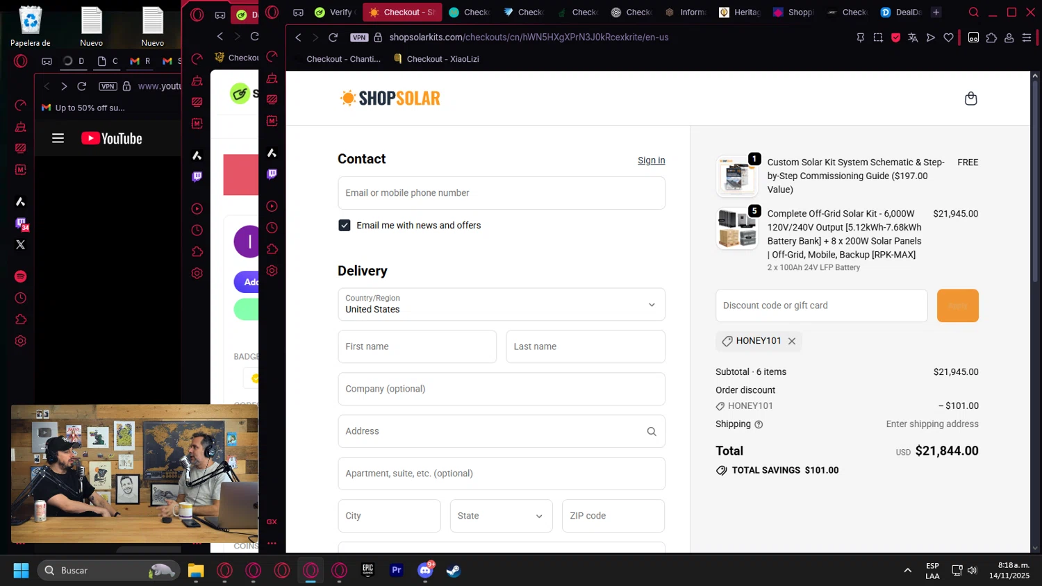 ShopSolarKits.com coupon code screenshot showing code HONEY101 applied at ShopSolarKits.com checkout page. Uploaded by SimplyCodes community member Halanweik on Nov 14, 2025