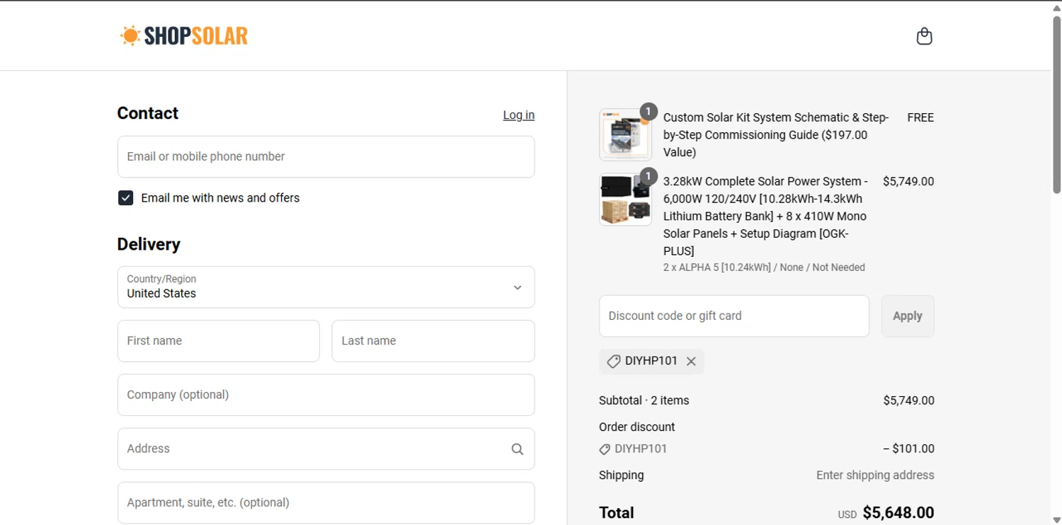 ShopSolarKits.com coupon code screenshot showing code DIYHP101 applied at ShopSolarKits.com checkout page. Uploaded by SimplyCodes community member anosesmith on Jun 26, 2025