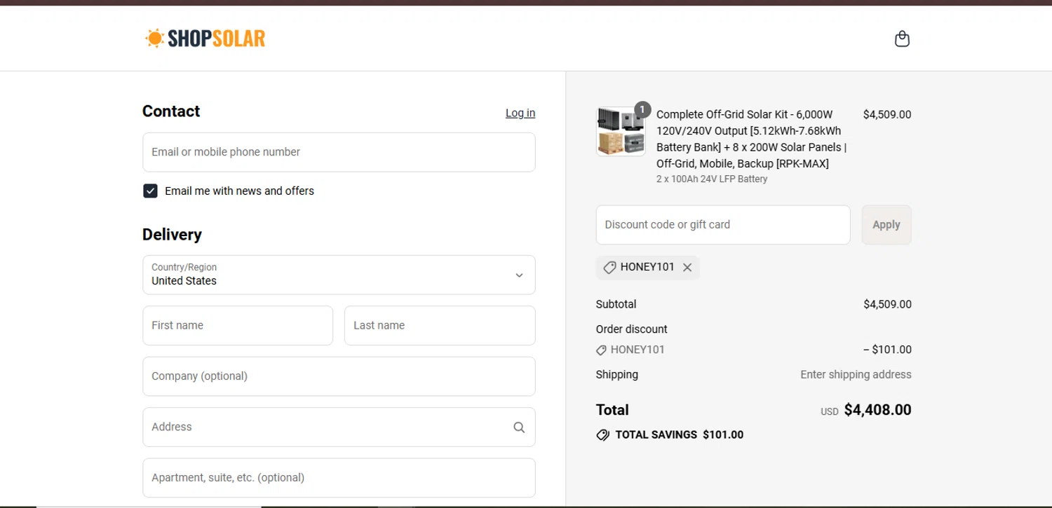 ShopSolarKits.com coupon code screenshot showing code HONEY101 applied at ShopSolarKits.com checkout page. Uploaded by SimplyCodes community member juanisaac on Jul 2, 2025