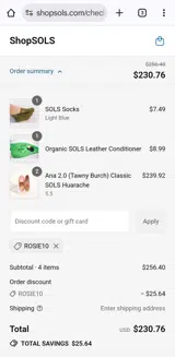 Rosie10 coupon verification screenshot