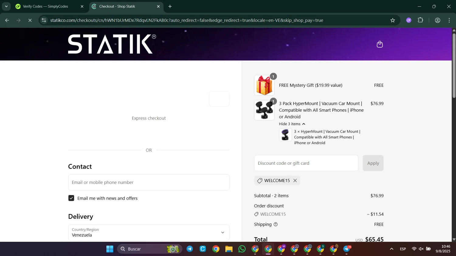 Shop Statik promo code screenshot showing code WELCOME15 applied at Shop Statik checkout page. Uploaded by SimplyCodes community member LuckyElite8069 on Aug 9, 2025