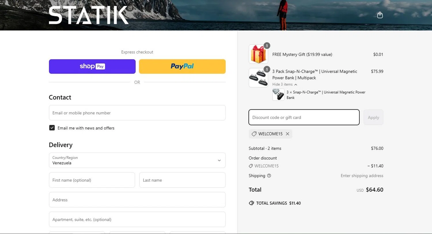 Shop Statik promo code screenshot showing code WELCOME15 applied at Shop Statik checkout page. Uploaded by SimplyCodes community member mikhaildelmoral on Mar 31, 2025