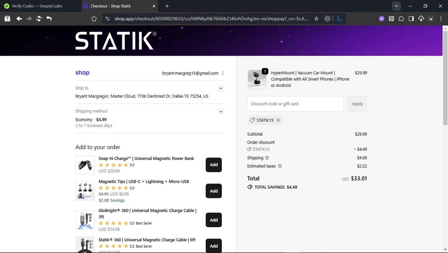 Shop Statik promo code screenshot showing code STATIK15 applied at Shop Statik checkout page. Uploaded by SimplyCodes community member BudgetCollector3125 on Dec 28, 2025