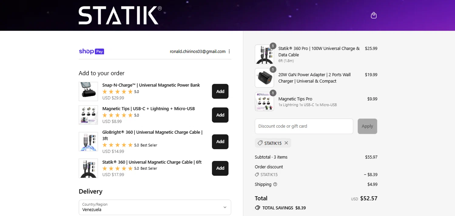 Shop Statik promo code screenshot showing code STATIK15 applied at Shop Statik checkout page. Uploaded by SimplyCodes community member ValiantMaverick169 on Jul 27, 2025