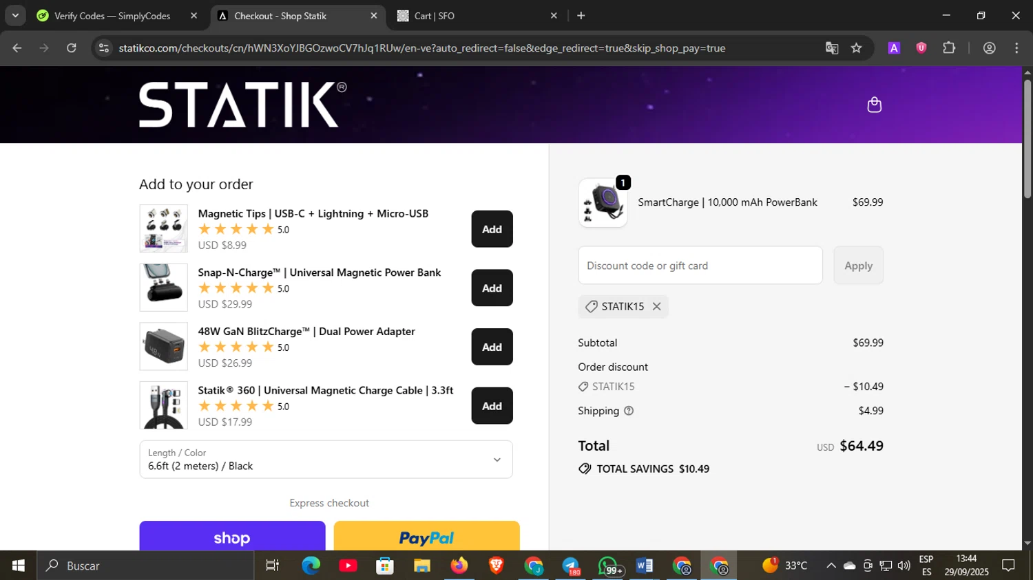 Shop Statik promo code screenshot showing code STATIK15 applied at Shop Statik checkout page. Uploaded by SimplyCodes community member underwater on Sep 29, 2025