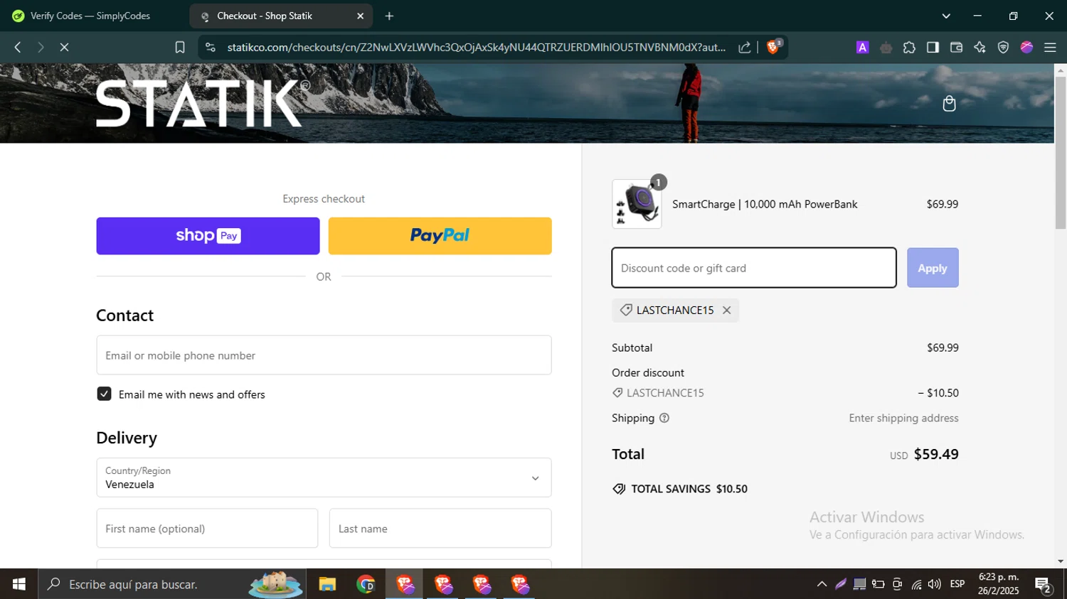 Shop Statik promo code screenshot showing code LASTCHANCE15 applied at Shop Statik checkout page. Uploaded by SimplyCodes community member SwiftTracker9305 on Feb 26, 2025