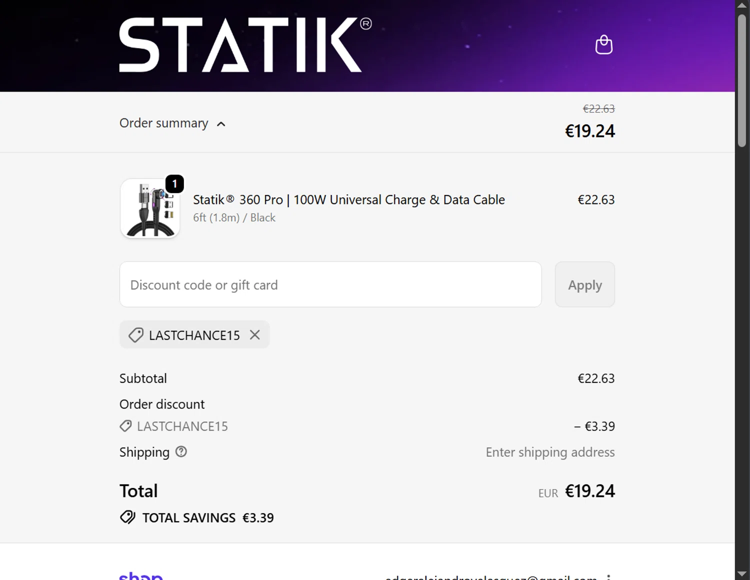 Shop Statik promo code screenshot showing code LASTCHANCE15 applied at Shop Statik checkout page. Uploaded by SimplyCodes community member ValiantLion5897 on Oct 19, 2025