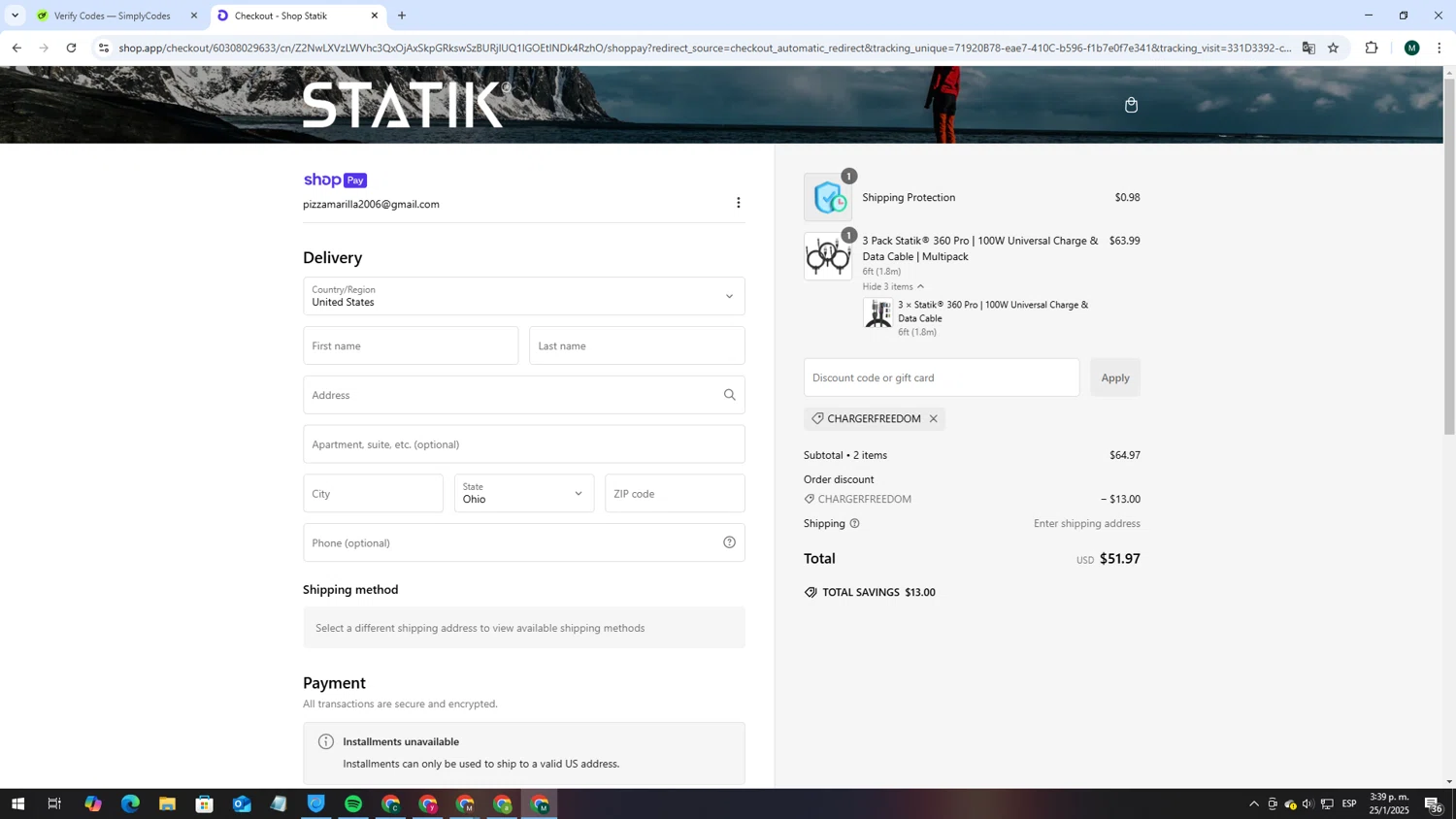 Shop Statik promo code screenshot showing code CHARGERFREEDOM applied at Shop Statik checkout page. Uploaded by SimplyCodes community member MDLECHUZA on Jan 25, 2025