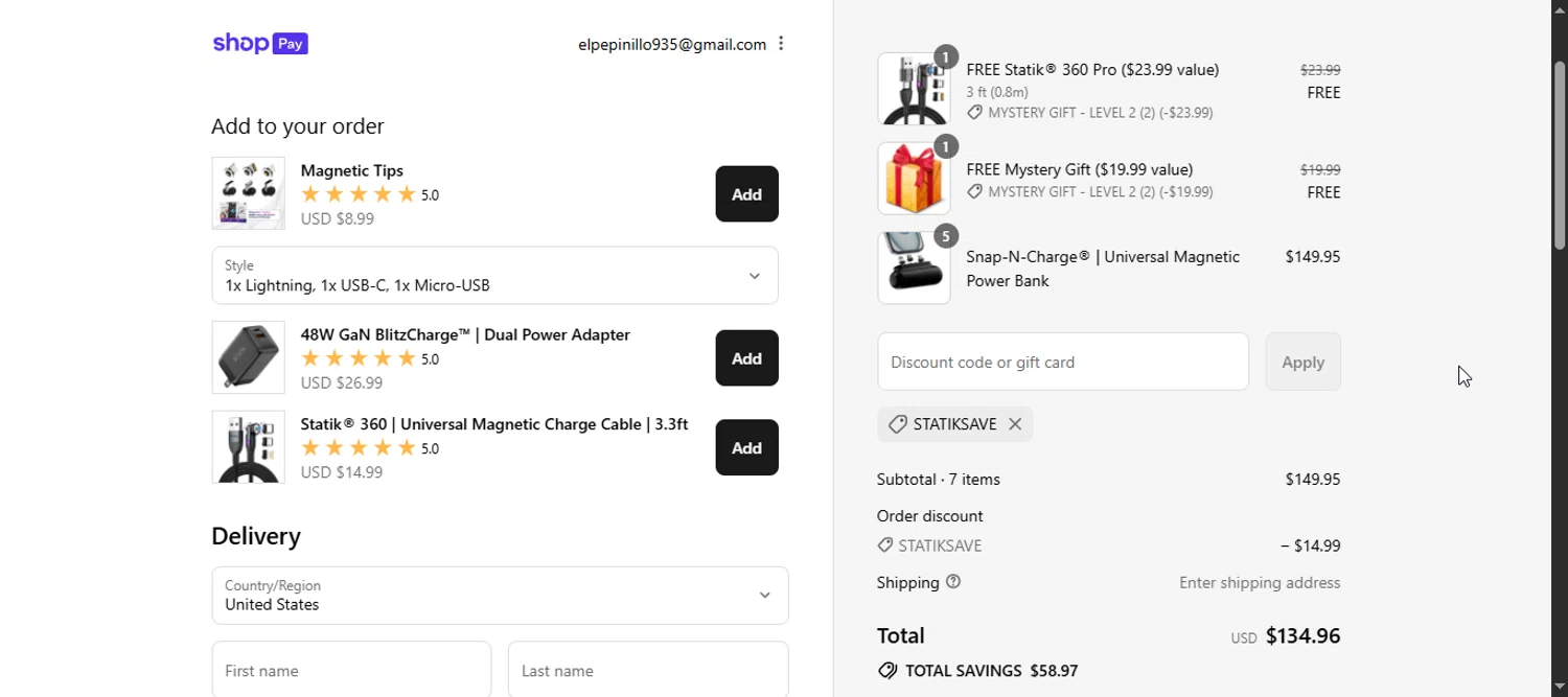 Shop Statik promo code screenshot showing code STATIKSAVE applied at Shop Statik checkout page. Uploaded by SimplyCodes community member Enmanuel99 on Jul 23, 2025
