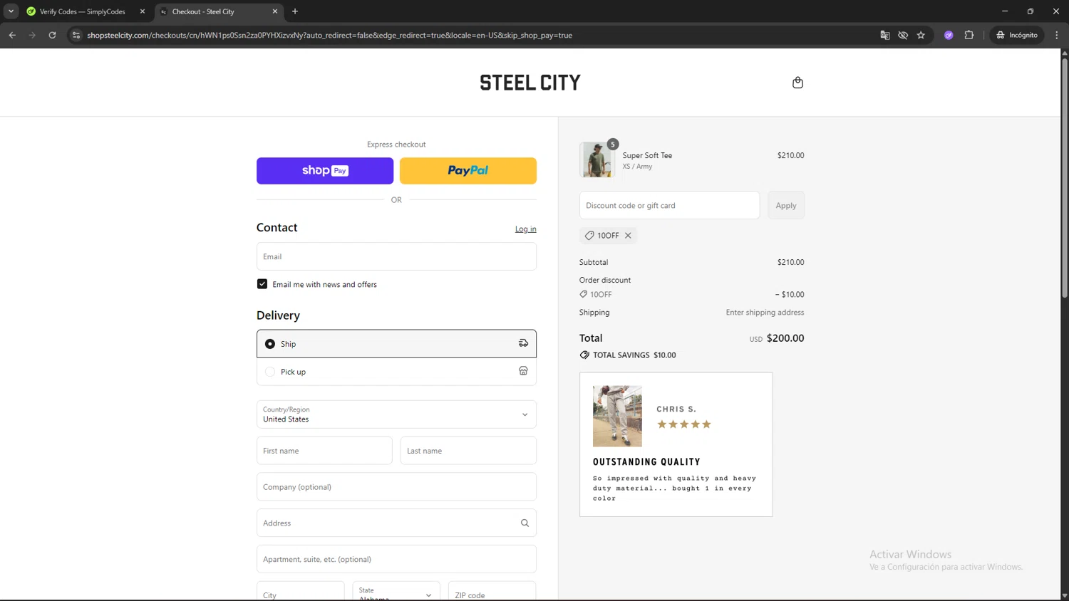 Steel City promo code screenshot showing code 10OFF applied at Steel City checkout page. Uploaded by SimplyCodes community member TOROREX250 on Aug 15, 2025