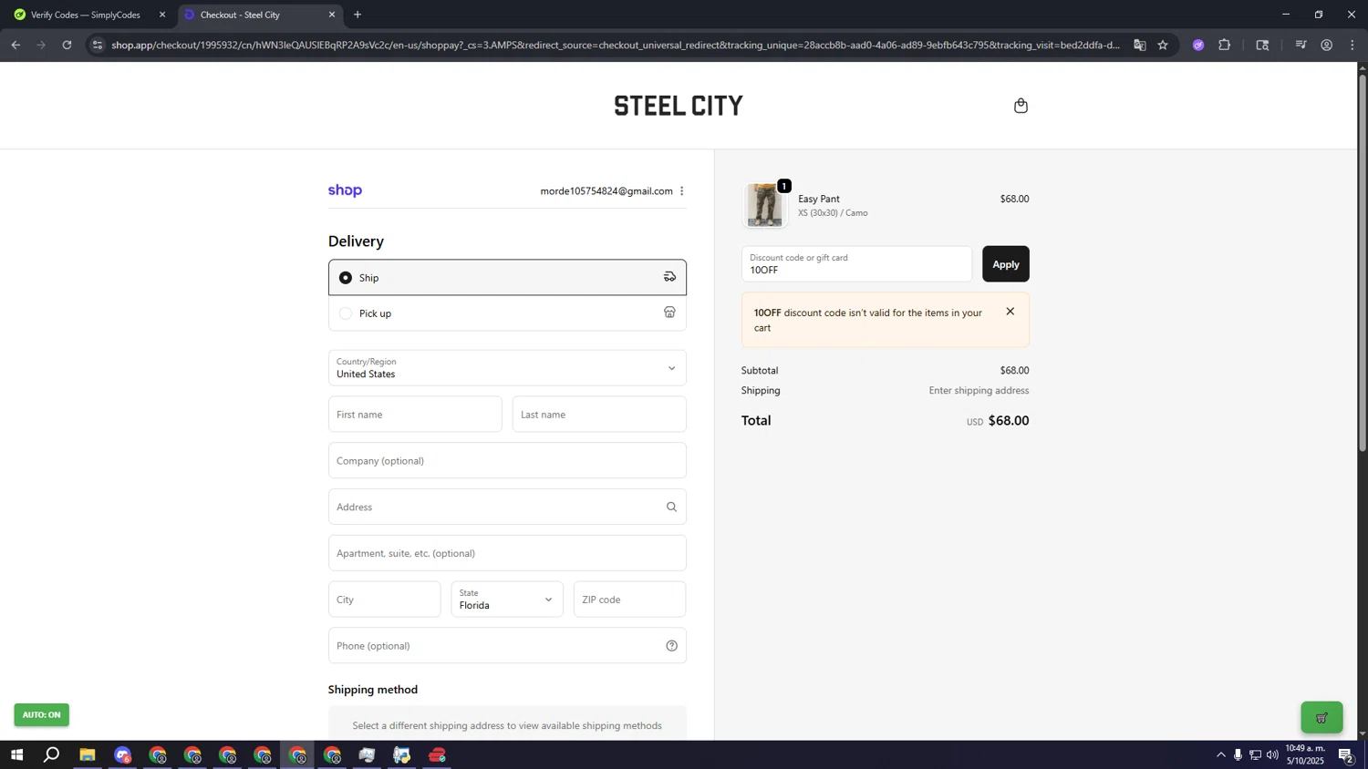 Steel City promo code screenshot showing code 10OFF applied at Steel City checkout page. Uploaded by SimplyCodes community member gggggggggggggggggggggg on Oct 5, 2025
