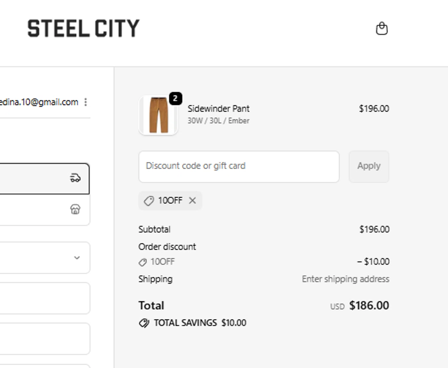 Steel City promo code screenshot showing code 10OFF applied at Steel City checkout page. Uploaded by SimplyCodes community member paquitin29 on Oct 9, 2025