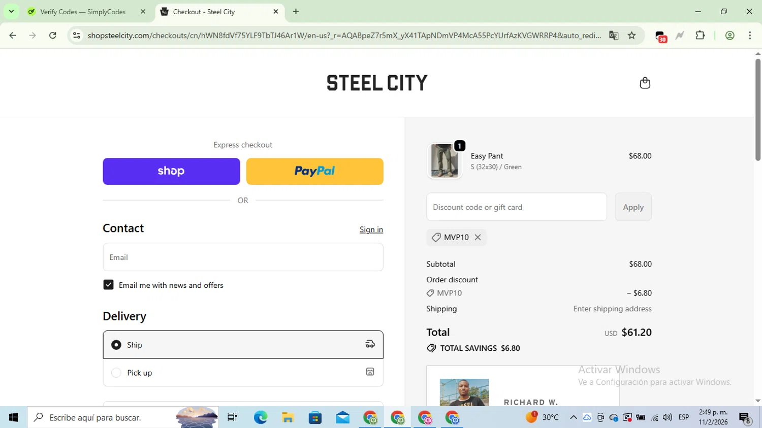 Steel City promo code screenshot showing code MVP10 applied at Steel City checkout page. Uploaded by SimplyCodes community member NobleFox488 on Feb 11, 2026