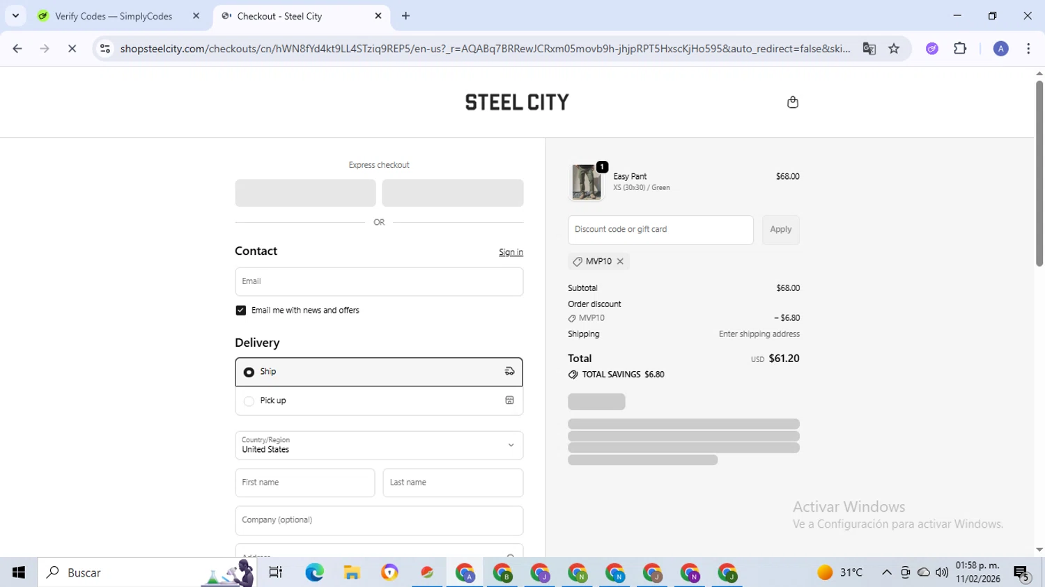 Steel City promo code screenshot showing code MVP10 applied at Steel City checkout page. Uploaded by SimplyCodes community member TreasureCaptain5531 on Feb 11, 2026