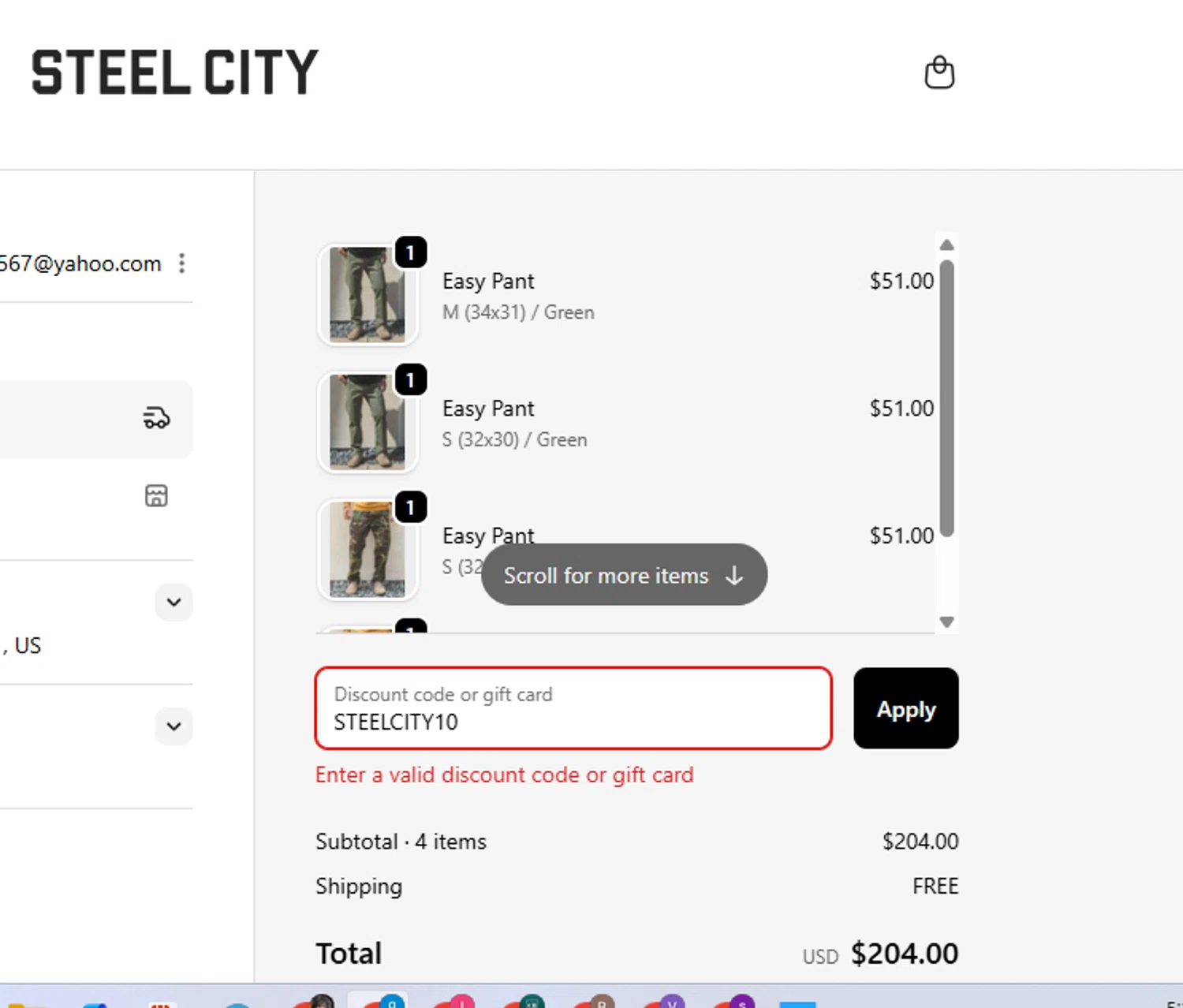 Steel City promo code screenshot showing code STEELCITY10 applied at Steel City checkout page. Uploaded by SimplyCodes community member FrugalVirtuoso6318 on Nov 27, 2025