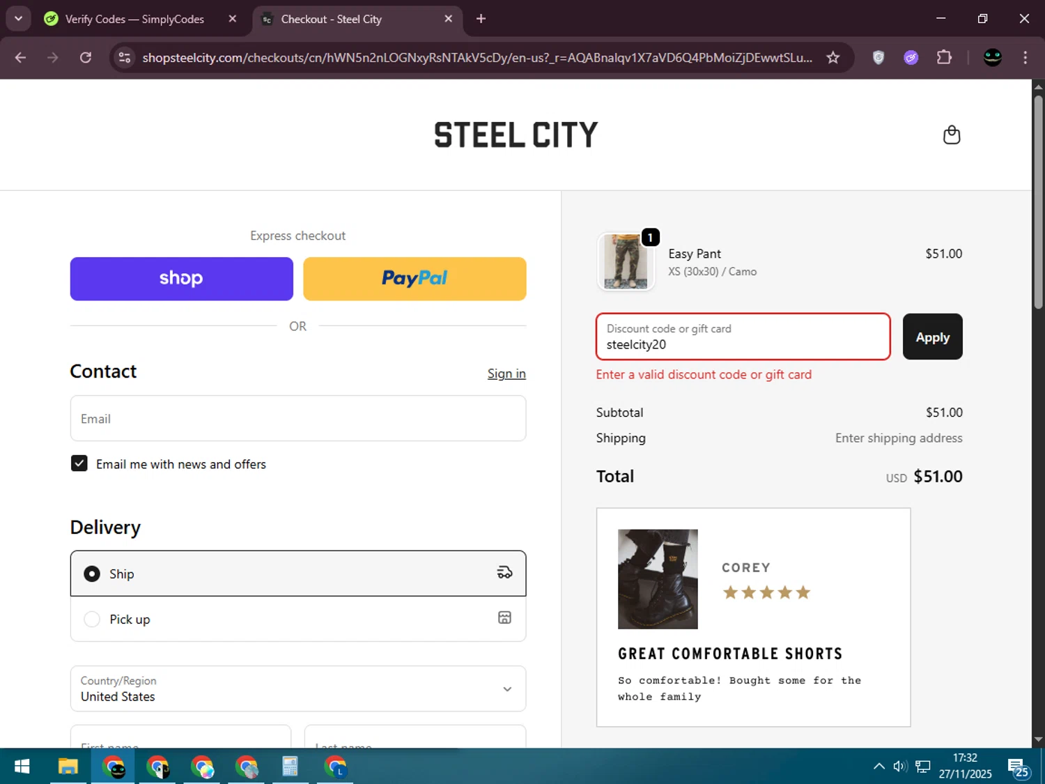 Steel City promo code screenshot showing code steelcity20 applied at Steel City checkout page. Uploaded by SimplyCodes community member BargainWizard5755 on Nov 27, 2025
