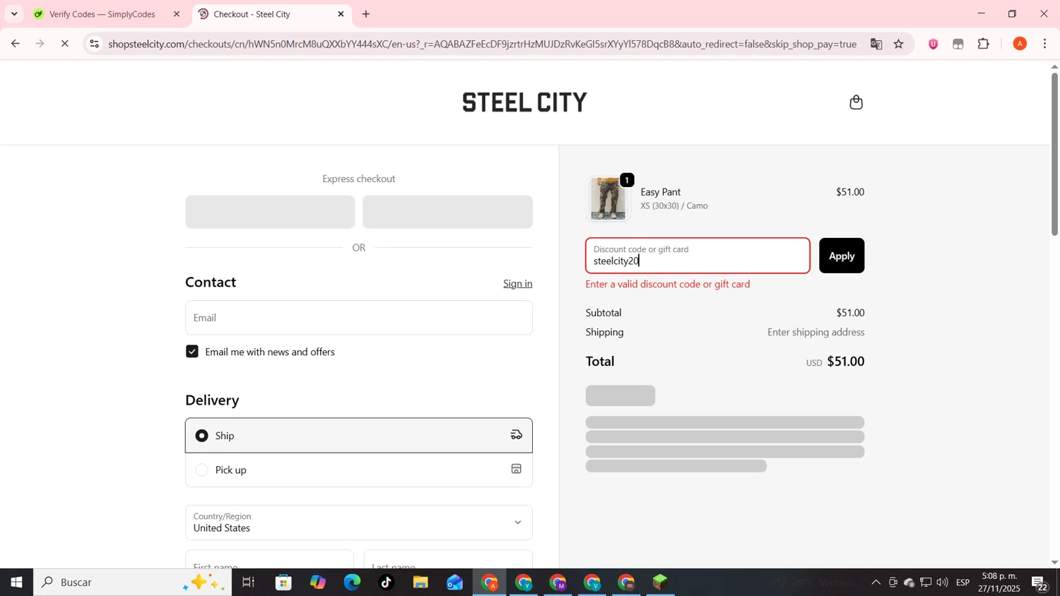 Steel City promo code screenshot showing code steelcity20 applied at Steel City checkout page. Uploaded by SimplyCodes community member FrugalSentinel6206 on Nov 27, 2025