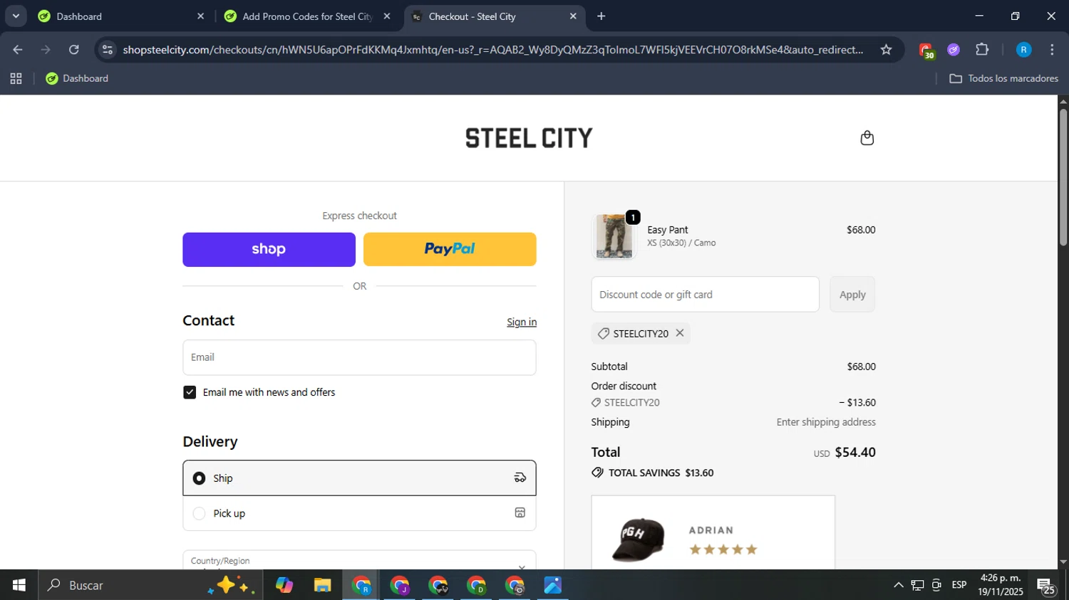 Steel City promo code screenshot showing code STEELCITY20 applied at Steel City checkout page. Uploaded by SimplyCodes community member Aemontar on Nov 19, 2025