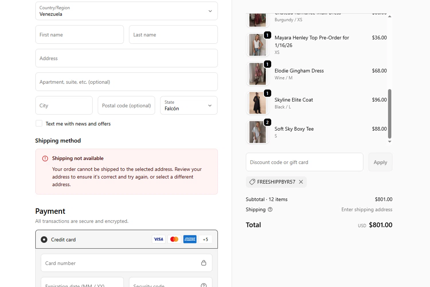 Shop Stevie discount code screenshot showing code FREESHIPpByR57 applied at Shop Stevie checkout page. Uploaded by SimplyCodes community member Espaguetticonpollo on Dec 15, 2025