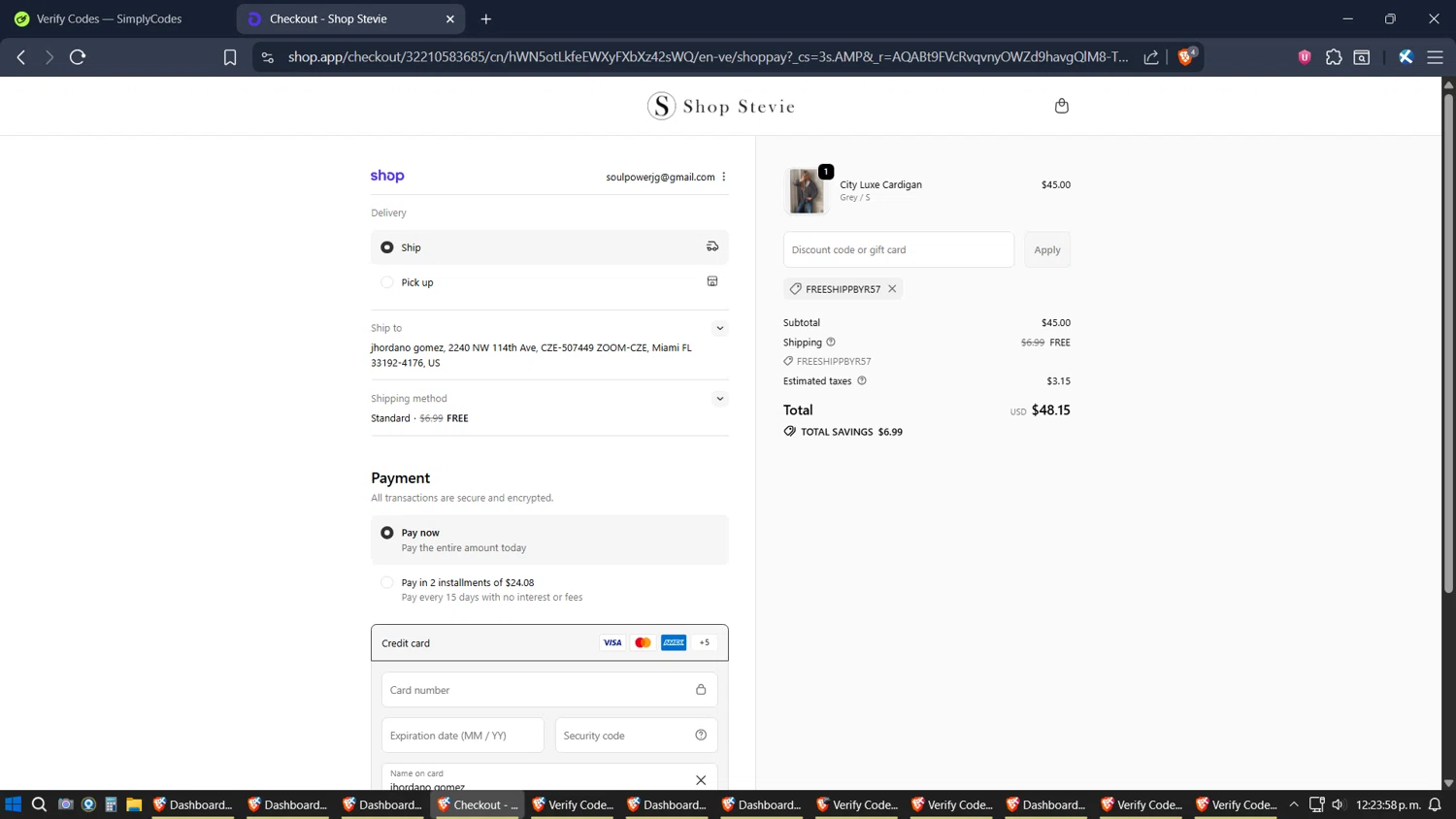 Shop Stevie discount code screenshot showing code FREESHIPpByR57 applied at Shop Stevie checkout page. Uploaded by SimplyCodes community member ZoilaPerrita on Nov 28, 2025