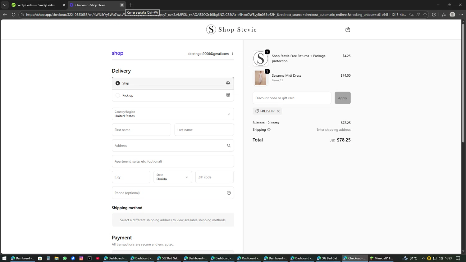 Shop Stevie checkout page showing Shop Stevie discount code box | Screenshot taken by SimplyCodes community member on Feb 16, 2026