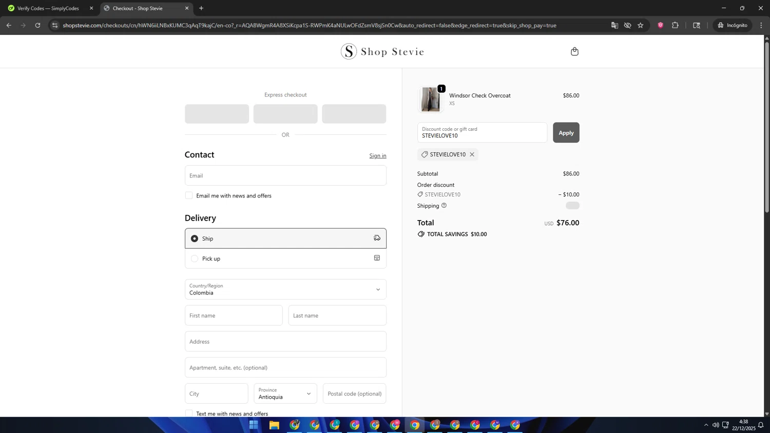Shop Stevie discount code screenshot showing code STEVIELOVE10 applied at Shop Stevie checkout page. Uploaded by SimplyCodes community member AVAMUSTANG on Dec 22, 2025