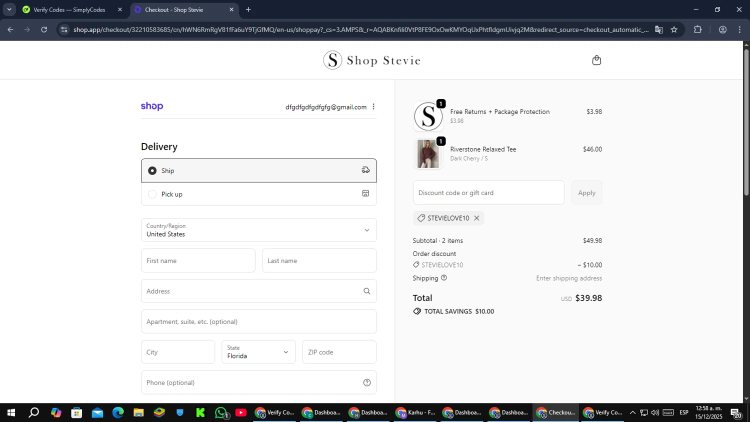 Shop Stevie discount code screenshot showing code STEVIELOVE10 applied at Shop Stevie checkout page. Uploaded by SimplyCodes community member RebateCaptain6440 on Dec 15, 2025