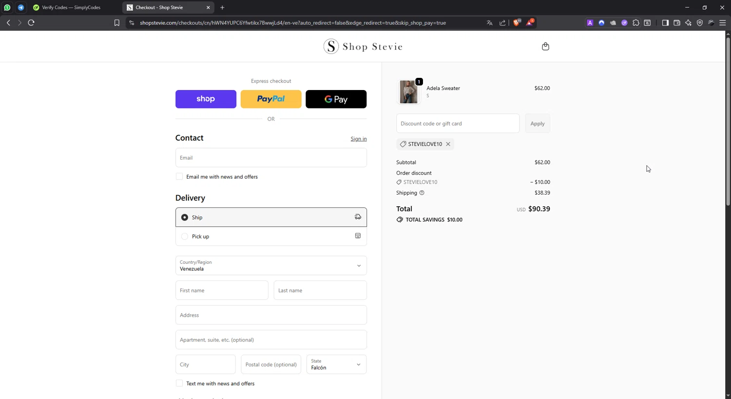 Shop Stevie discount code screenshot showing code STEVIELOVE10 applied at Shop Stevie checkout page. Uploaded by SimplyCodes community member lisethchirino on Oct 26, 2025
