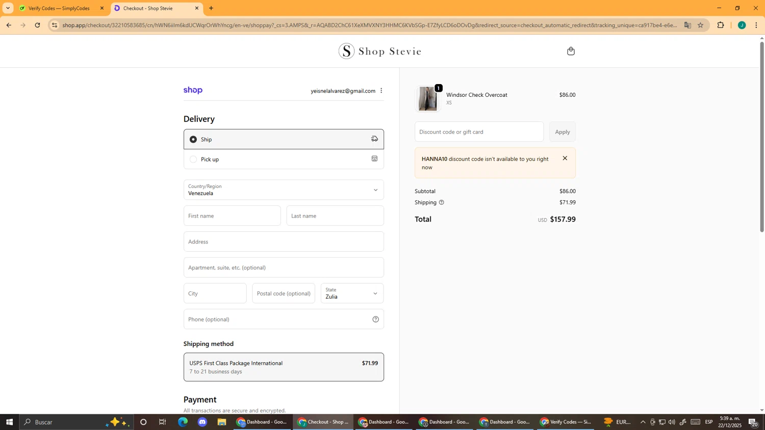 Shop Stevie discount code screenshot showing code Hanna10 applied at Shop Stevie checkout page. Uploaded by SimplyCodes community member DealScout5970 on Dec 22, 2025