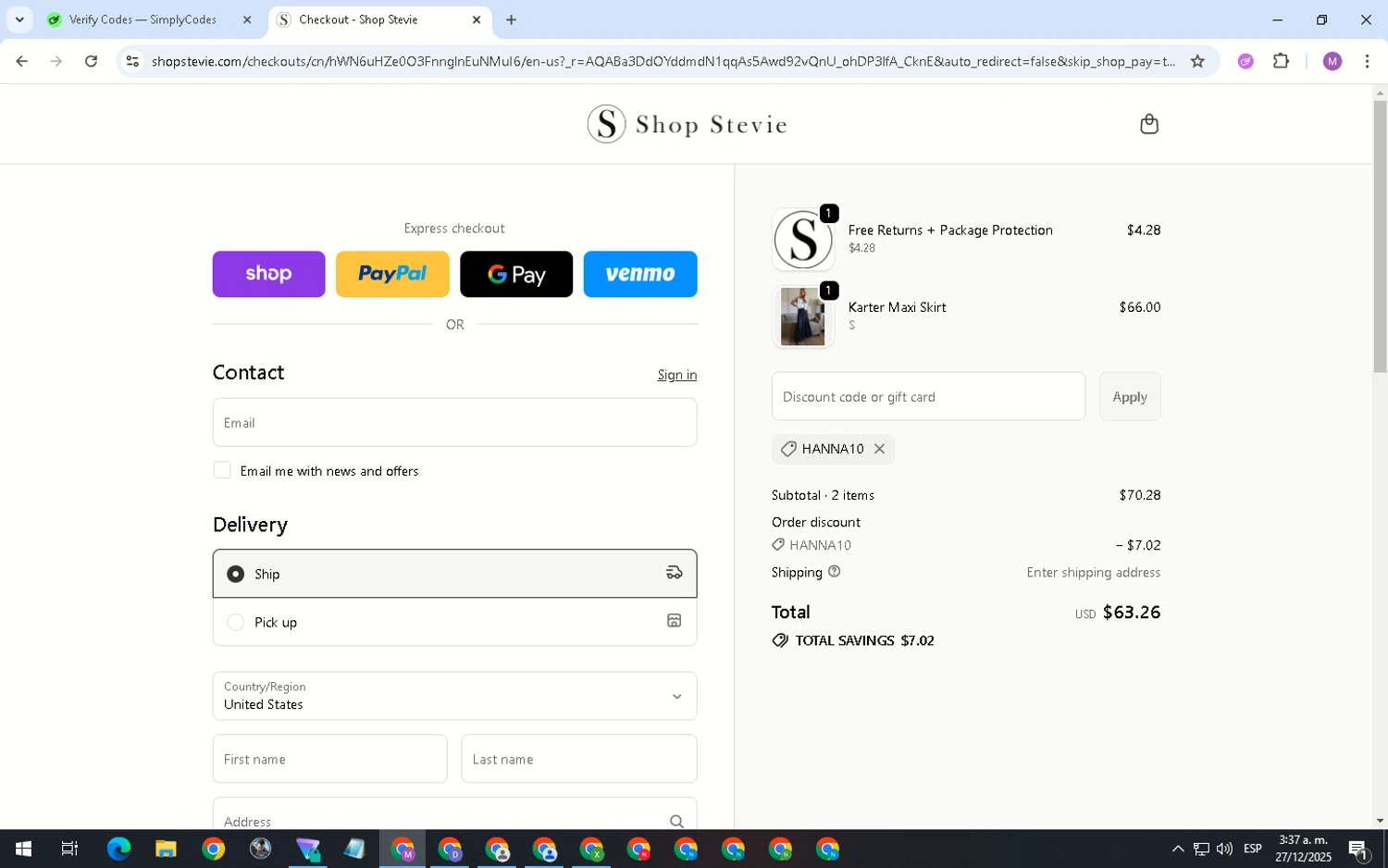 Shop Stevie discount code screenshot showing code Hanna10 applied at Shop Stevie checkout page. Uploaded by SimplyCodes community member MightyShopper3015 on Dec 27, 2025