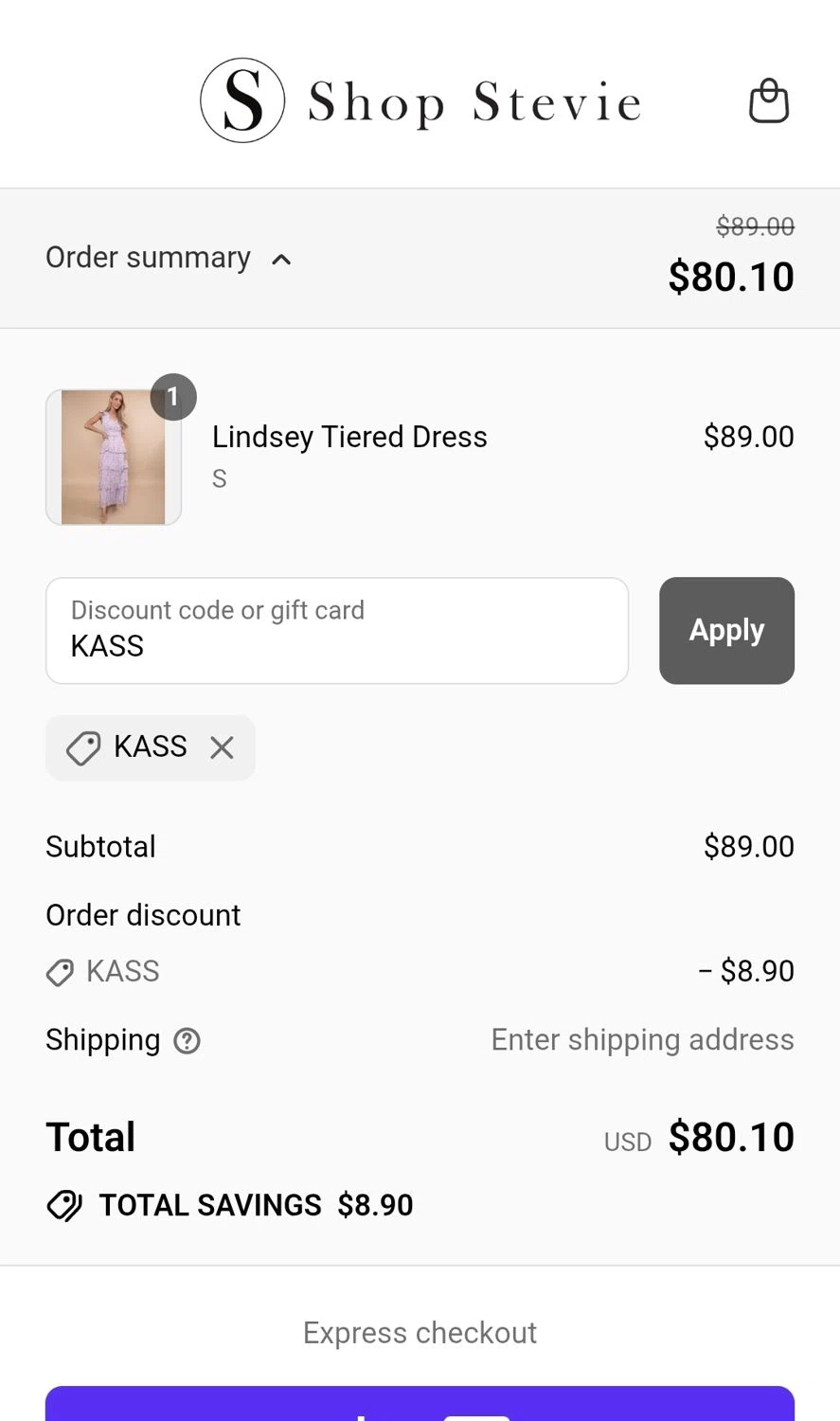 Shop Stevie discount code screenshot showing code KASS applied at Shop Stevie checkout page. Uploaded by SimplyCodes community member JuanMonge on Jul 24, 2025