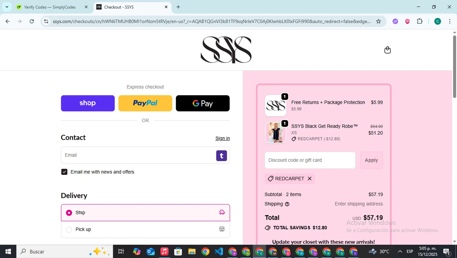 Shop Style Your Senses coupon code screenshot showing code RedCarpet applied at Shop Style Your Senses checkout page. Uploaded by SimplyCodes community member BonusPilot927 on Dec 15, 2025