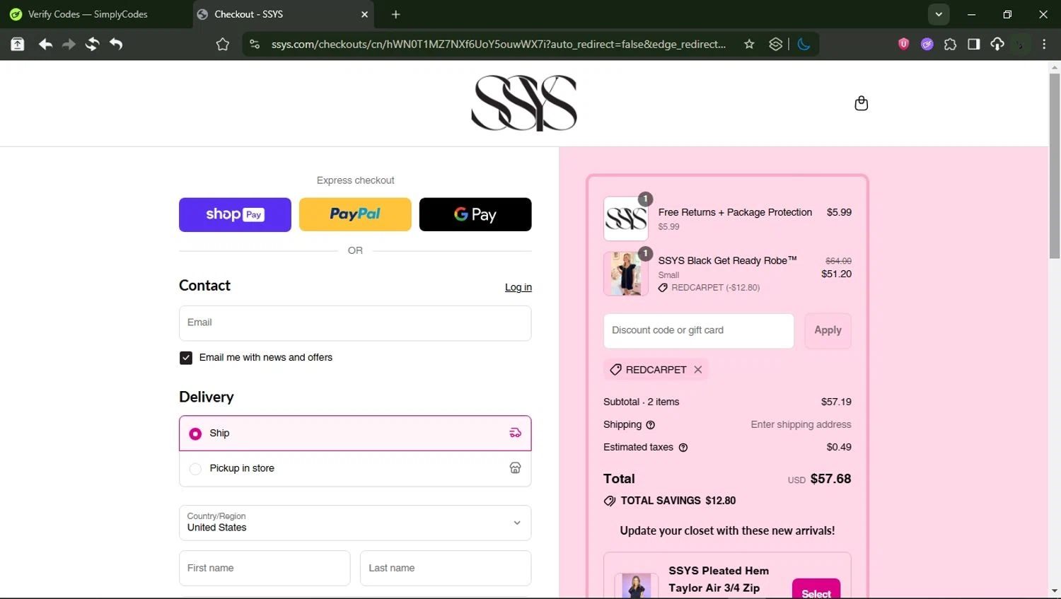 Shop Style Your Senses coupon code screenshot showing code RedCarpet applied at Shop Style Your Senses checkout page. Uploaded by SimplyCodes community member RewardMonarch1185 on Jul 10, 2025