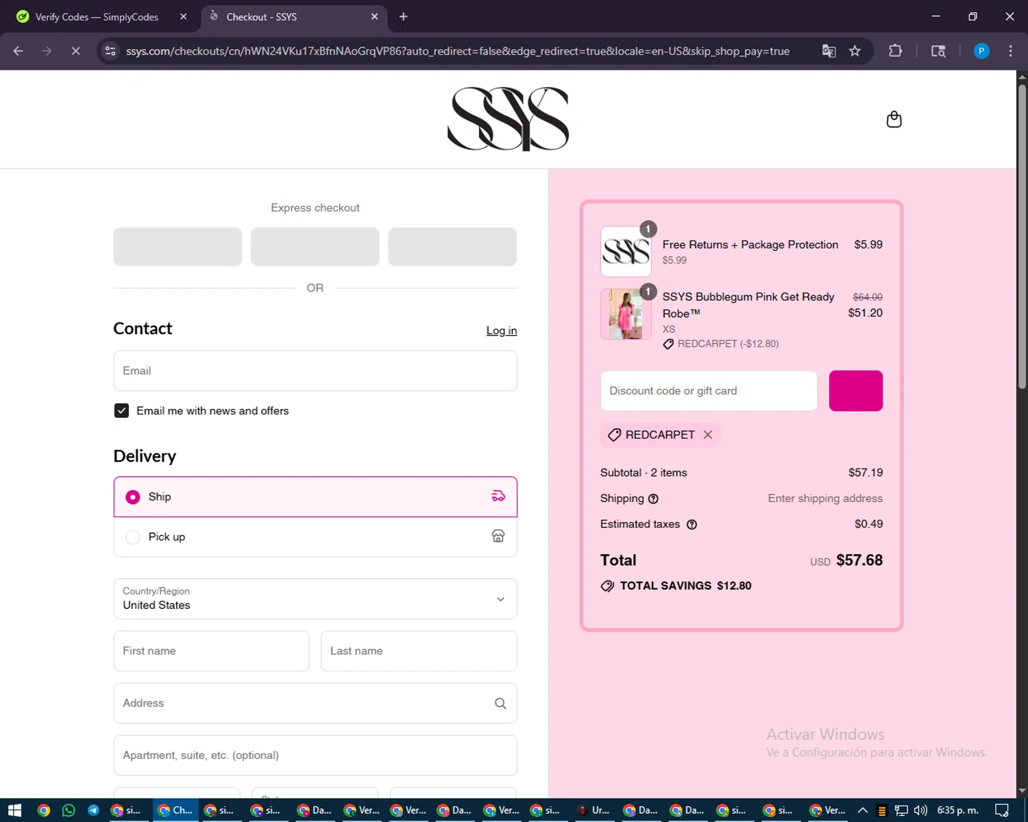 Shop Style Your Senses coupon code screenshot showing code RedCarpet applied at Shop Style Your Senses checkout page. Uploaded by SimplyCodes community member juiceWRLD on Aug 21, 2025