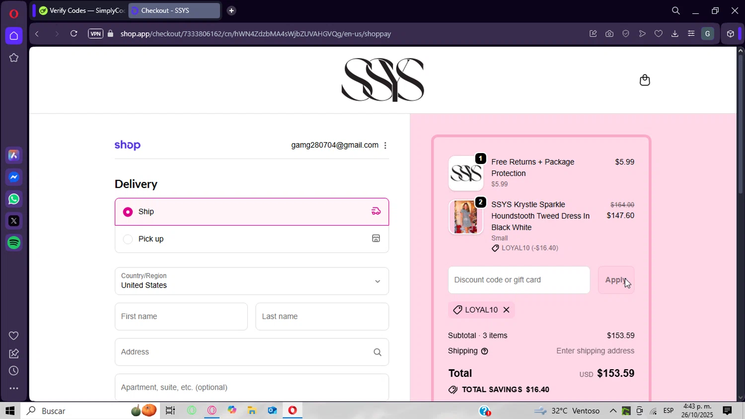 Shop Style Your Senses coupon code screenshot showing code LOYAL10 applied at Shop Style Your Senses checkout page. Uploaded by SimplyCodes community member CrownWizard8571 on Oct 26, 2025
