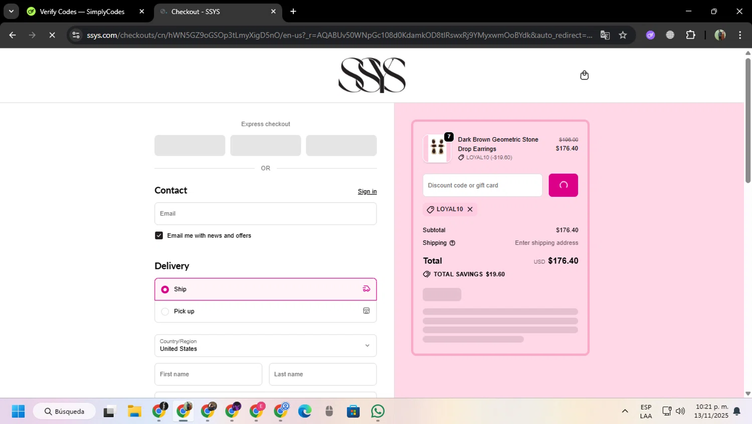 Shop Style Your Senses coupon code screenshot showing code LOYAL10 applied at Shop Style Your Senses checkout page. Uploaded by SimplyCodes community member MoneySentinel7597 on Nov 14, 2025