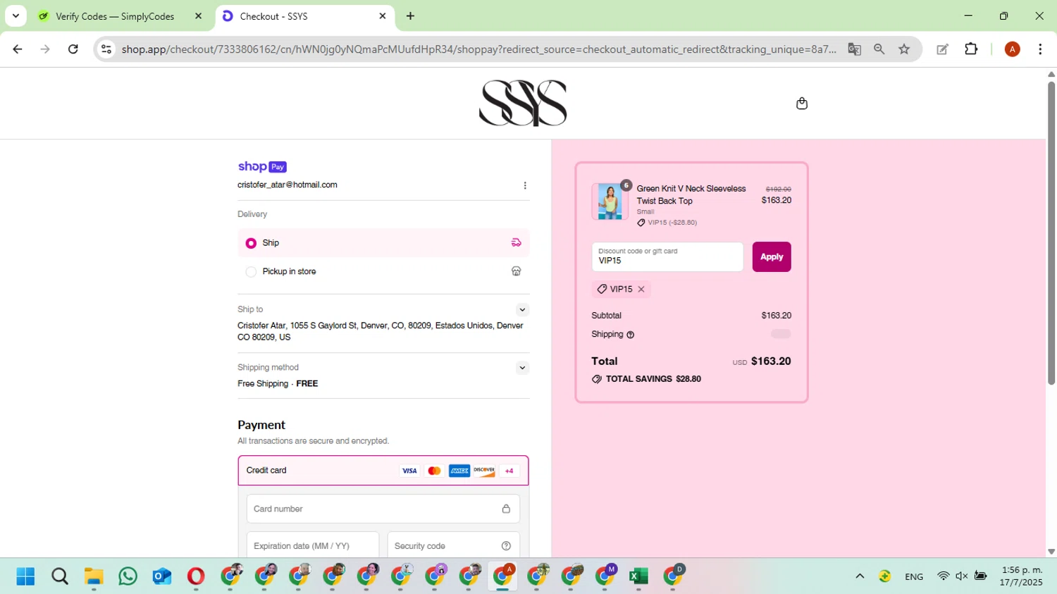 Shop Style Your Senses coupon code screenshot showing code VIP15 applied at Shop Style Your Senses checkout page. Uploaded by SimplyCodes community member FundoKadmiel on Jul 17, 2025