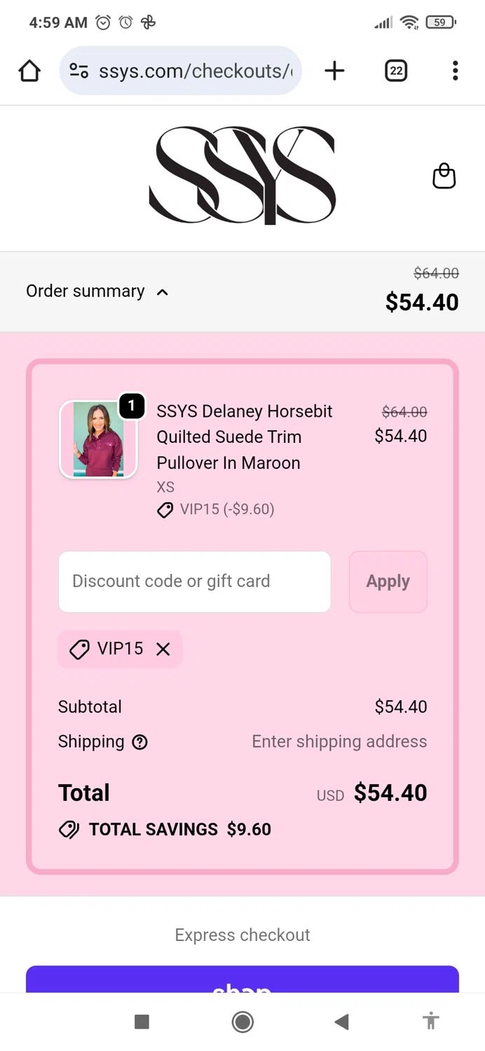 Shop Style Your Senses coupon code screenshot showing code VIP15 applied at Shop Style Your Senses checkout page. Uploaded by SimplyCodes community member arimakouse on Nov 1, 2025