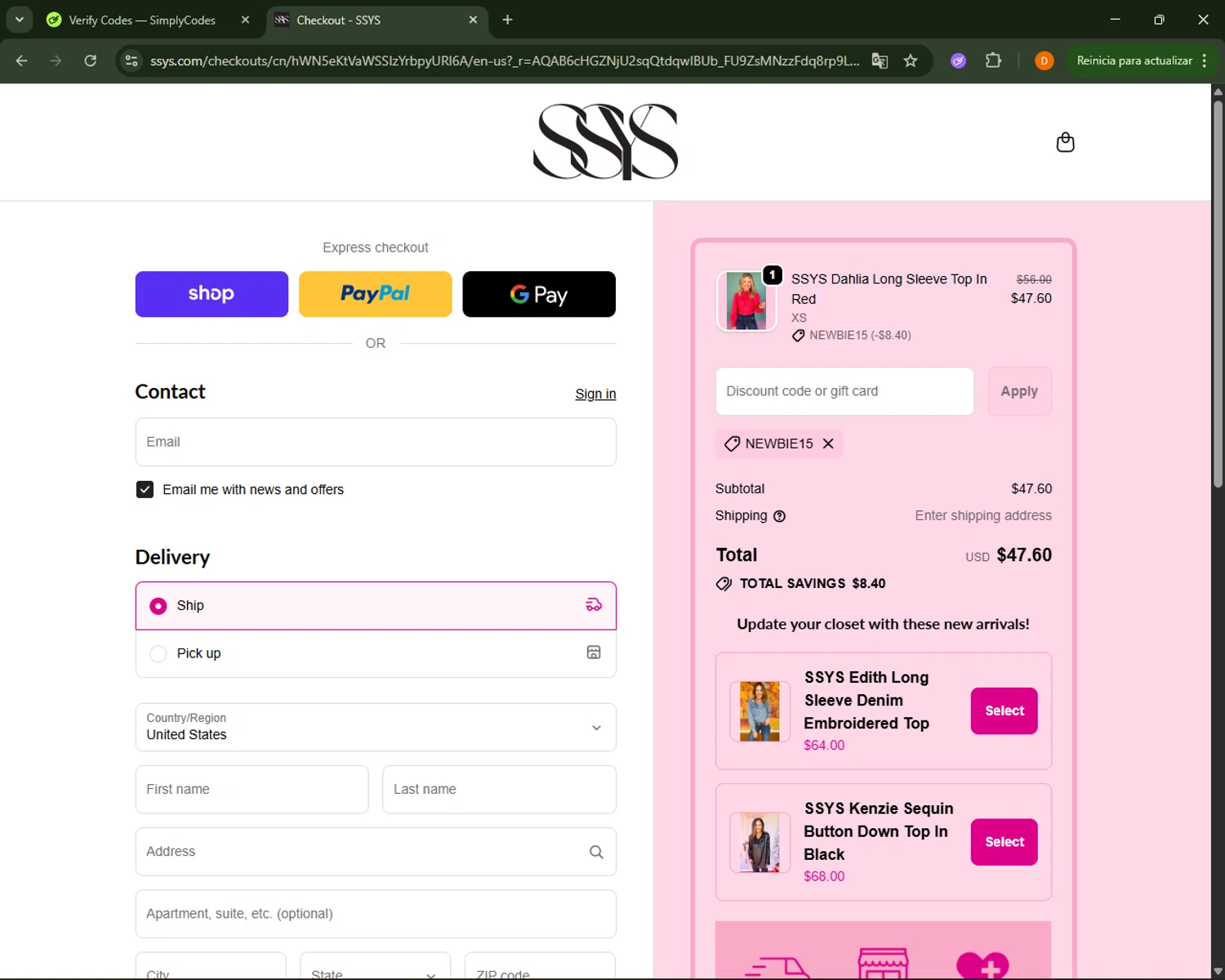 Shop Style Your Senses coupon code screenshot showing code NEWBIE15 applied at Shop Style Your Senses checkout page. Uploaded by SimplyCodes community member FrugalFalcon351 on Nov 24, 2025