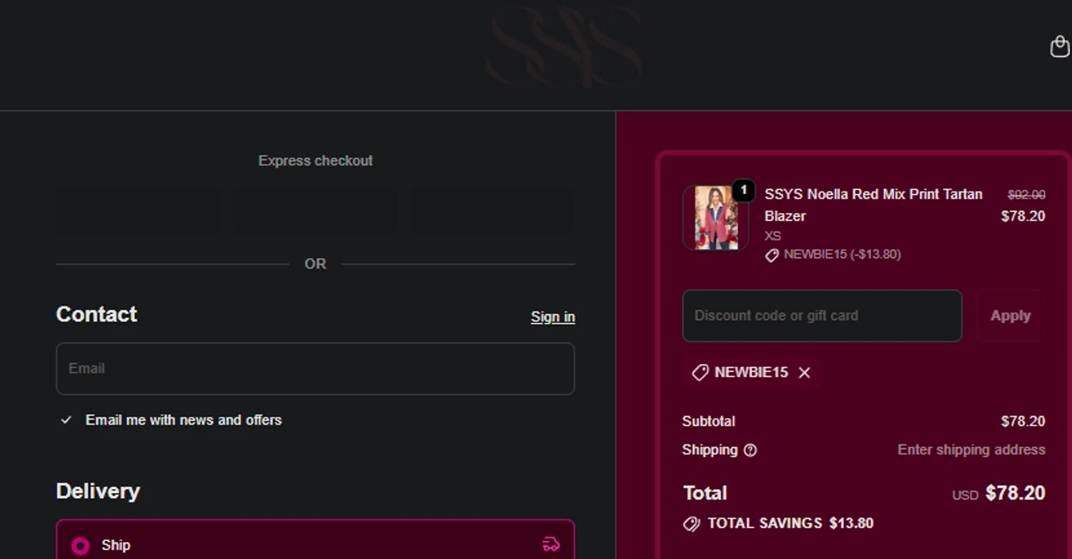 Shop Style Your Senses coupon code screenshot showing code NEWBIE15 applied at Shop Style Your Senses checkout page. Uploaded by SimplyCodes community member SpiderGwen on Nov 1, 2025