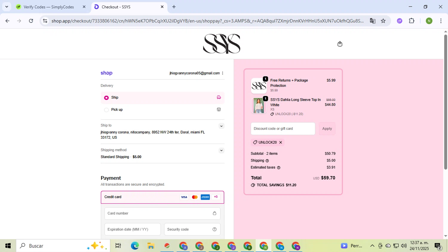 Shop Style Your Senses coupon code screenshot showing code UNLOCK20 applied at Shop Style Your Senses checkout page. Uploaded by SimplyCodes community member TokenMaverick6956 on Nov 24, 2025