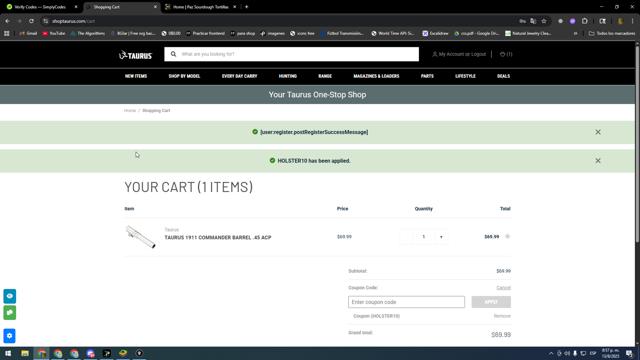 Shop Taurus checkout page showing Shop Taurus coupon code box | Screenshot taken by SimplyCodes community member on Aug 14, 2025