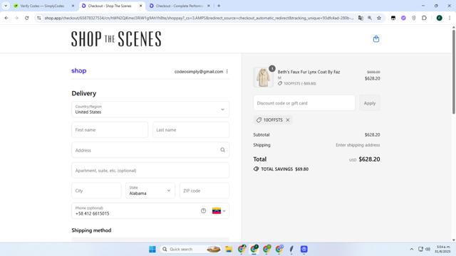 Shop The Scenes checkout page showing Shop The Scenes discount code box | Screenshot taken by SimplyCodes community member on Aug 31, 2025