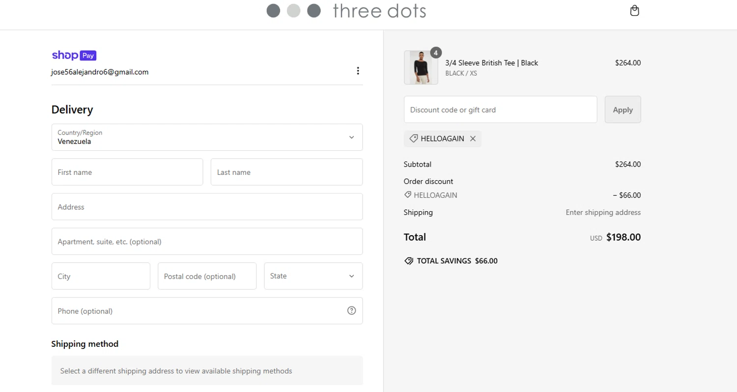 where to use Three Dots promo code box