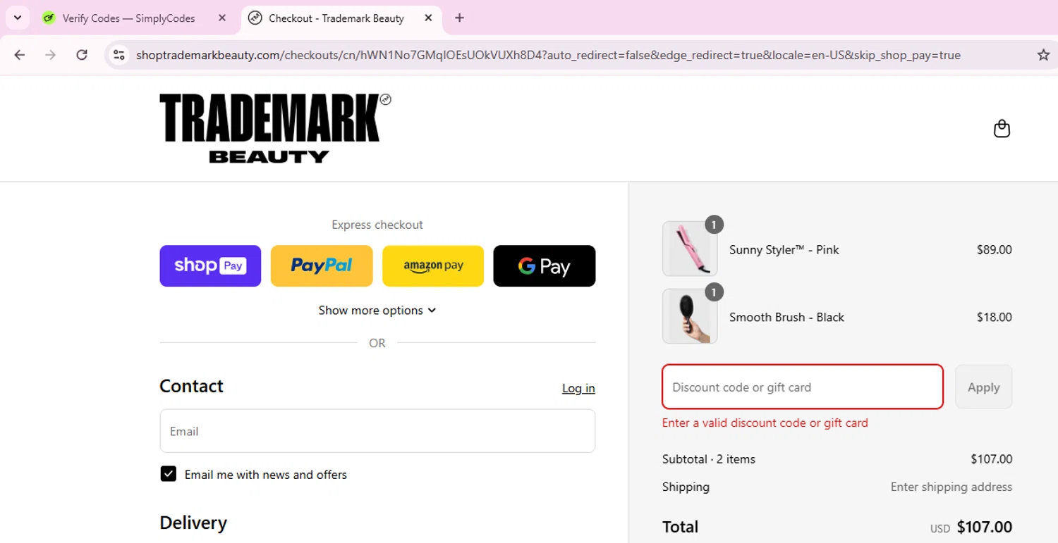 Trademark Beauty coupon code screenshot showing code SUE10 applied at Trademark Beauty checkout page. Uploaded by SimplyCodes community member EnmanuelEDITOR on Aug 3, 2025