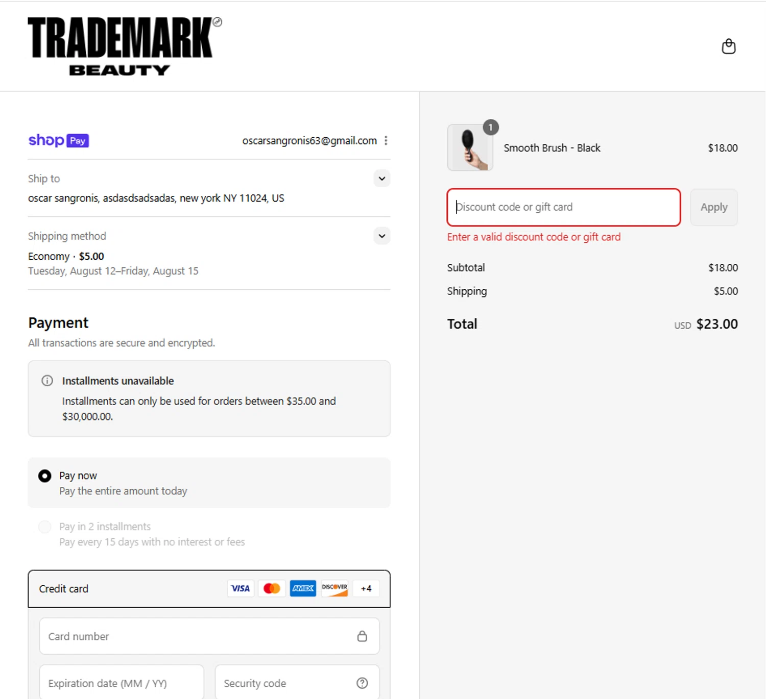 Trademark Beauty coupon code screenshot showing code SUE10 applied at Trademark Beauty checkout page. Uploaded by SimplyCodes community member La_Cara_Mia on Aug 3, 2025