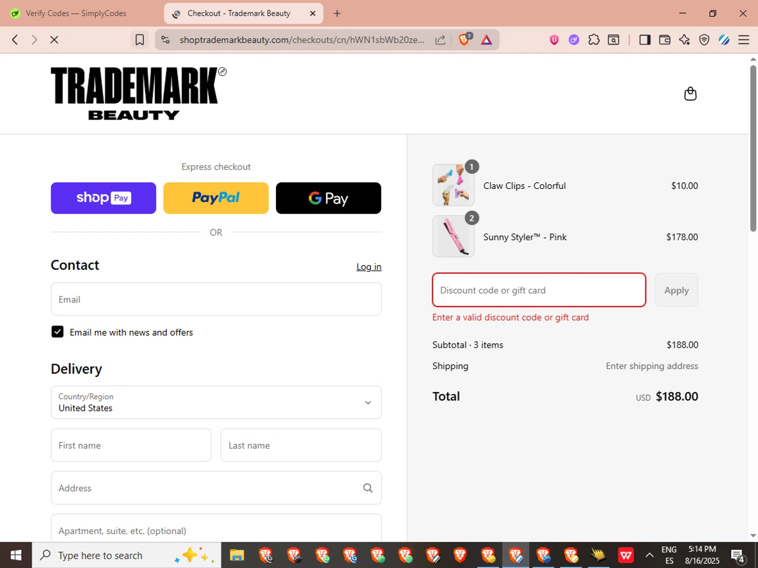 Trademark Beauty coupon code screenshot showing code FIRST10 applied at Trademark Beauty checkout page. Uploaded by SimplyCodes community member LuckyVoyager329 on Aug 16, 2025