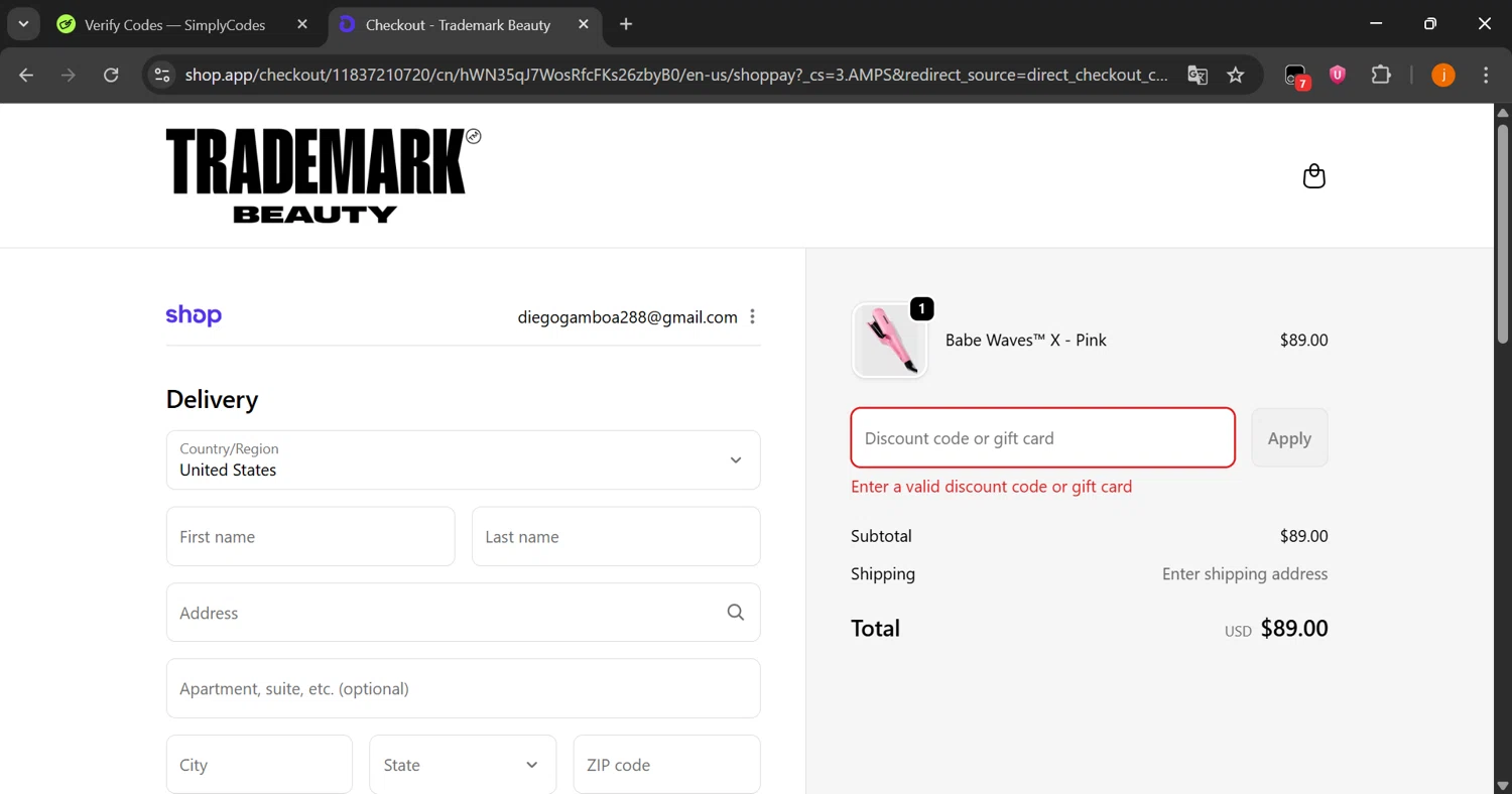 Trademark Beauty coupon code screenshot showing code CODE10 applied at Trademark Beauty checkout page. Uploaded by SimplyCodes community member Lamine_Yamal on Sep 17, 2025