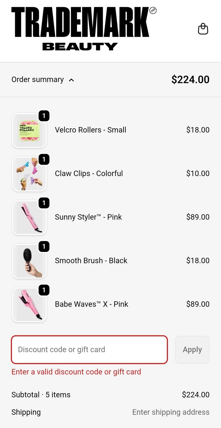 Trademark Beauty coupon code screenshot showing code CODE10 applied at Trademark Beauty checkout page. Uploaded by SimplyCodes community member NobleMaven1472 on Sep 17, 2025