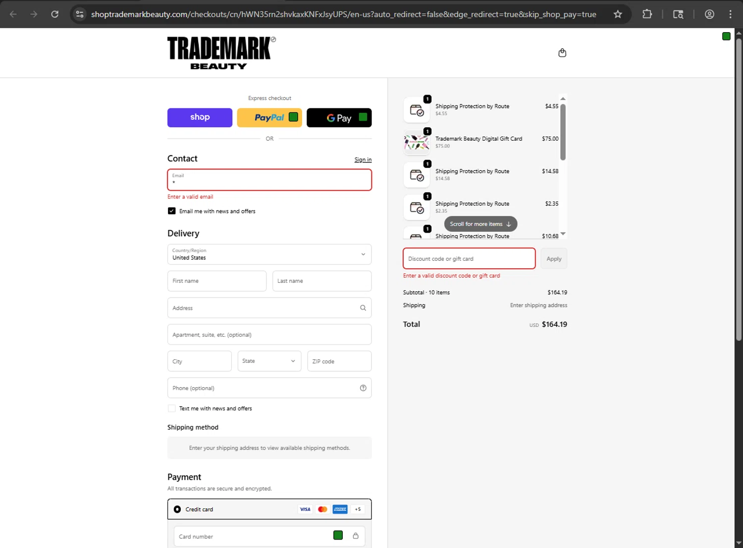 Trademark Beauty coupon code screenshot showing code CODE10 applied at Trademark Beauty checkout page. Uploaded by SimplyCodes community member kaiser2 on Sep 17, 2025